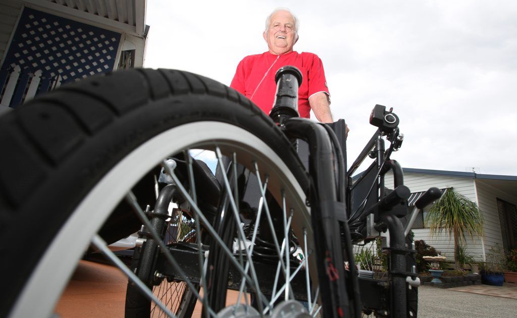 Jim Maynard with his super fast wheel chair Photo Blainey Woodham / Daily News Jim Maynard with his super fast wheel chair Photo Blainey Woodham / Daily News