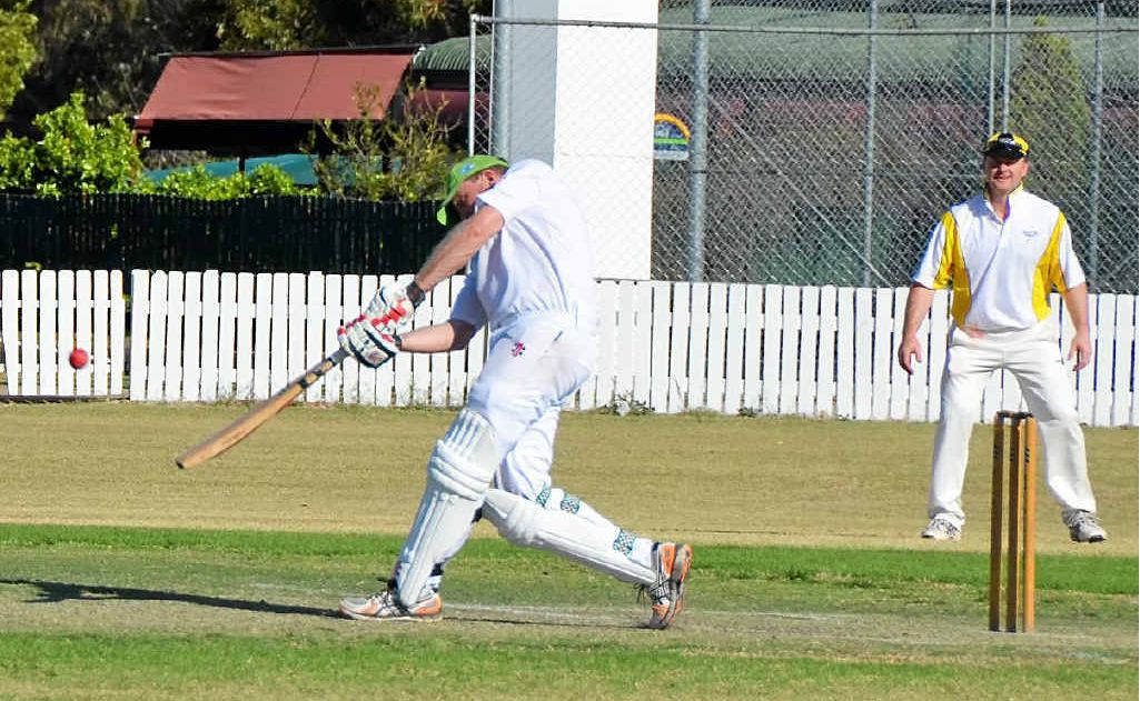 Inglewood captain David Elsley hits a six at Slade Park on Sunday against Diggers. Inglewood captain David Elsley hits a six at Slade Park on Sunday against Diggers.