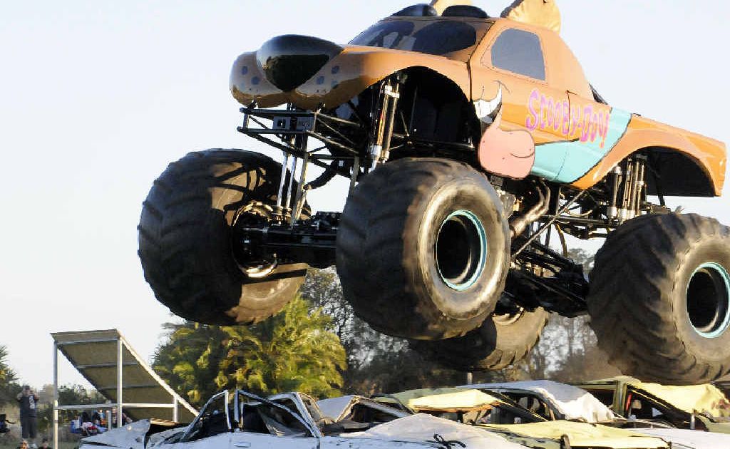 BIG JUMP: Monster truck Scooby Doo makes a jump over five cars at Ballina’s Kingsford Smith Park last Saturday night. BIG JUMP: Monster truck Scooby Doo makes a jump over five cars at Ballina’s Kingsford Smith Park last Saturday night.