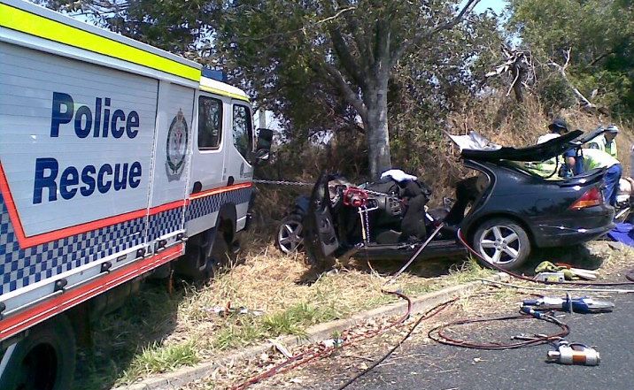 TWO people were trapped after this car left Duncans Rd at Numulgi and crashed into a tree about noon, Saturday, October 20. TWO people were trapped after this car left Duncans Rd at Numulgi and crashed into a tree about noon, Saturday, October 20.