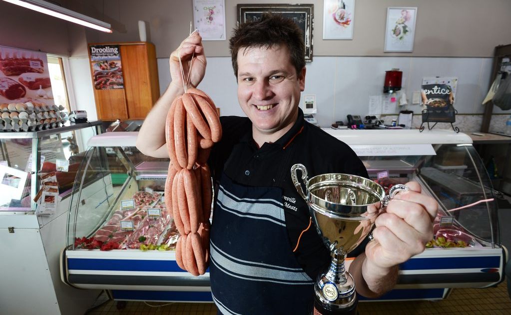 Butcher Ashlee Thomson of Alstonville Quality Meats has recently won a awards for his Lamb, Mint and Rosemary Sausages. Photo Patrick Gorbunovs / The Northern Star Butcher Ashlee Thomson of Alstonville Quality Meats has recently won a awards for his Lamb, Mint and Rosemary Sausages. Photo Patrick Gorbunovs / The Northern Star