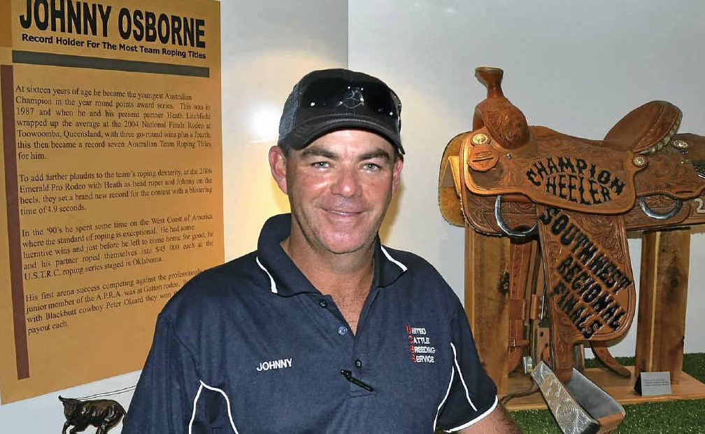 Warwick cowboy Johnny Osborne at the display window on team roping at the Australian Rodeo Heritage Centre which highlights his career success. Warwick cowboy Johnny Osborne at the display window on team roping at the Australian Rodeo Heritage Centre which highlights his career success.