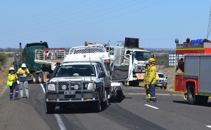 THE whit ute, which flipped over during the accident, is loaded onto the back of a tow truck. THE whit ute, which flipped over during the accident, is loaded onto the back of a tow truck.