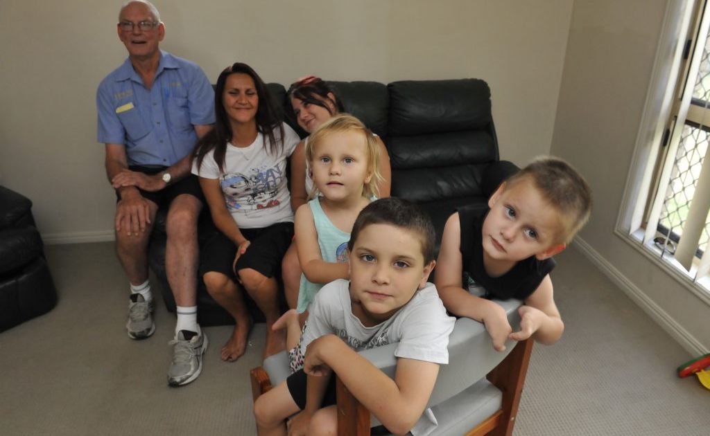 TO THE RESCUE: Mitchell Weier (centre) with his sister Lykiah and brother Jariah are happy that carpet cleaner Trevor Stewart (back) came to the families rescue. Mum Domonique and sister Tayla are seated with Trevor behind. TO THE RESCUE: Mitchell Weier (centre) with his sister Lykiah and brother Jariah are happy that carpet cleaner Trevor Stewart (back) came to the families rescue. Mum Domonique and sister Tayla are seated with Trevor behind.