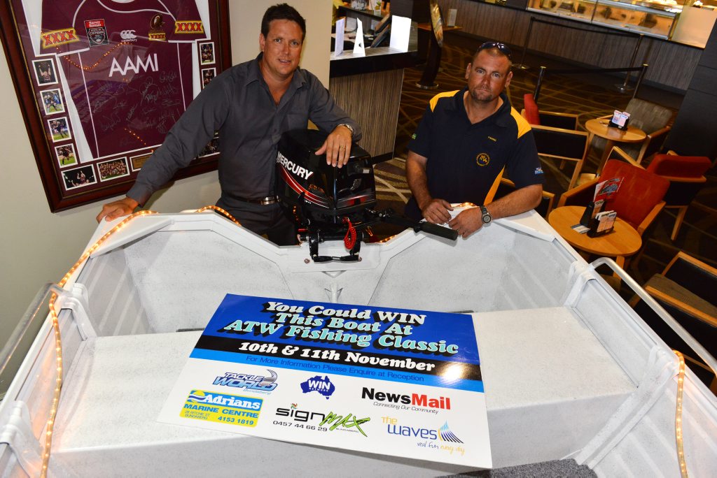 WET LINE: ATW Fishing club's Warren Hitzke and Keith Scanlan with the boat that's up for grabs in the ATW Fishing classic. Photo: Scottie Simmonds / NewsMail WET LINE: ATW Fishing club's Warren Hitzke and Keith Scanlan with the boat that's up for grabs in the ATW Fishing classic. Photo: Scottie Simmonds / NewsMail
