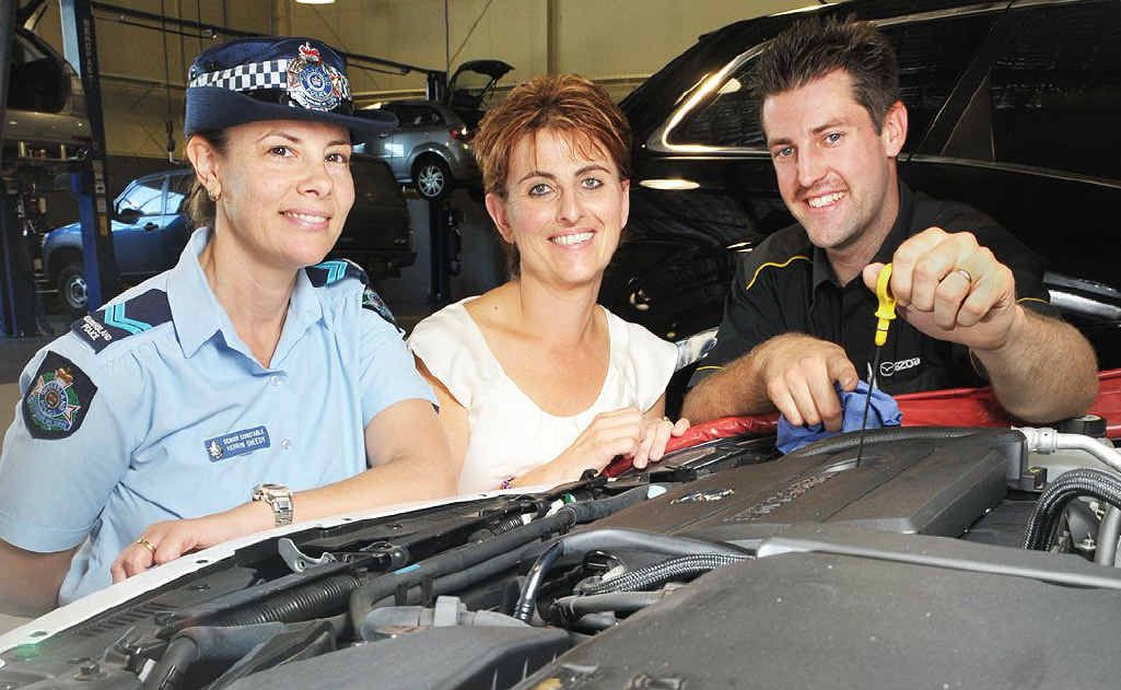 TIPS: Senior Constable Kerrin Sheedy, Sophie Dowe and mechanic Matt Crook discuss some car maintenance tips. TIPS: Senior Constable Kerrin Sheedy, Sophie Dowe and mechanic Matt Crook discuss some car maintenance tips.
