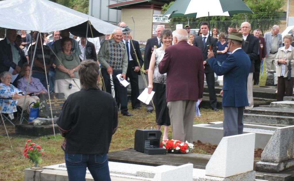 President of the Murwillumbah RSL Sub Branch, Mr Derek Sims, OAM, speaks to Sue McGarva, a close family friend of Pte Harry Simpkins MM. Photo: contributed President of the Murwillumbah RSL Sub Branch, Mr Derek Sims, OAM, speaks to Sue McGarva, a close family friend of Pte Harry Simpkins MM. Photo: contributed