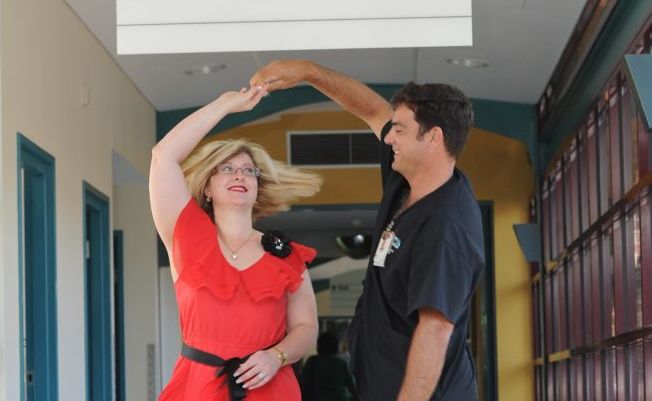 Nursing director Shondyce McShane practises her dance moves with registered nurse Chris Barnes ahead of the inaugural Combined Health Services Ball. Nursing director Shondyce McShane practises her dance moves with registered nurse Chris Barnes ahead of the inaugural Combined Health Services Ball.