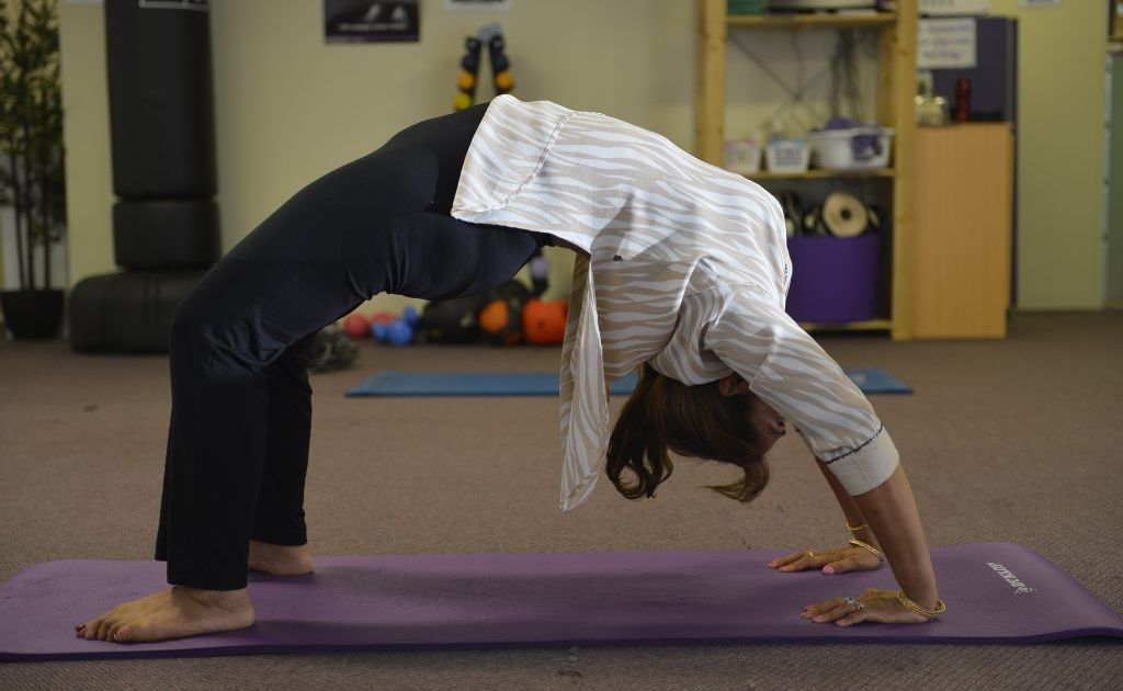 Yoga guru Pushpa Bakshi in the Table pose. Yoga guru Pushpa Bakshi in the Table pose.