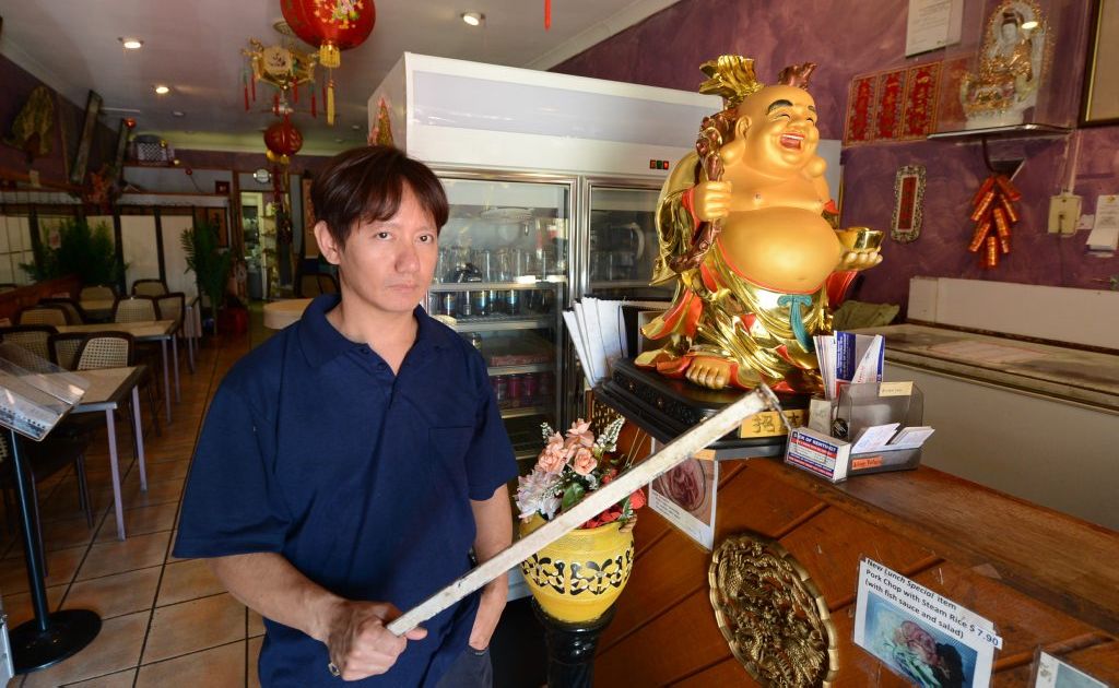 An attempted armed robbery went wrong when Silver Palace Chinese Restaurant owner, James Le-On, fought back with a metal bar at Redbank Plains on Wednesday night. Photo: Sarah Harvey / The Queensland Times An attempted armed robbery went wrong when Silver Palace Chinese Restaurant owner, James Le-On, fought back with a metal bar at Redbank Plains on Wednesday night. Photo: Sarah Harvey / The Queensland Times