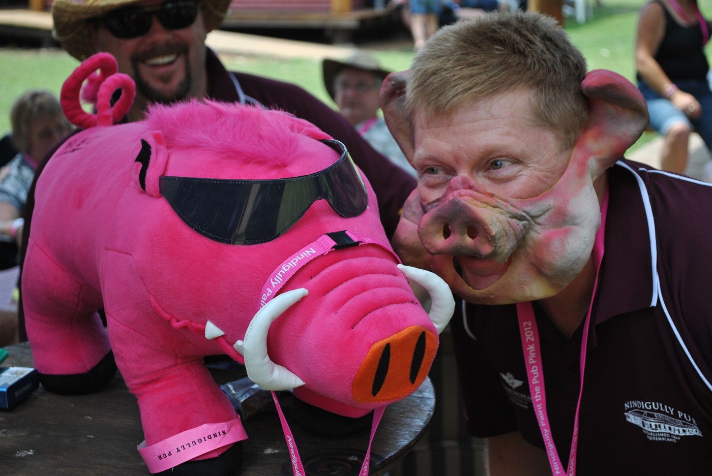 A PAIR OF HAMS: Sydney resident Wayne Mosch gets into the spirit of the Nindigully Pig races by hamming it up for the camera with event mascot “Bourney” on Saturday morning. A PAIR OF HAMS: Sydney resident Wayne Mosch gets into the spirit of the Nindigully Pig races by hamming it up for the camera with event mascot “Bourney” on Saturday morning.