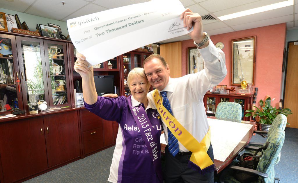 Mayor Paul Pisasale with breast cancer survivor Colleen Julian. The Ipswich City Council has made a $2000 donation to the Cancer Council Queensland's Relay for Life which brings total donations to one million dollars. Mayor Paul Pisasale with breast cancer survivor Colleen Julian. The Ipswich City Council has made a $2000 donation to the Cancer Council Queensland's Relay for Life which brings total donations to one million dollars.