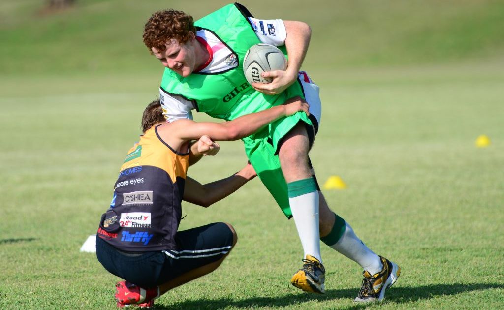 Brodie Dreger (left) tackles Dan Pearce during the CQ Brahmans' skill testing at CQ University. Photo: Sharyn O'Neill. Brodie Dreger (left) tackles Dan Pearce during the CQ Brahmans' skill testing at CQ University. Photo: Sharyn O'Neill.