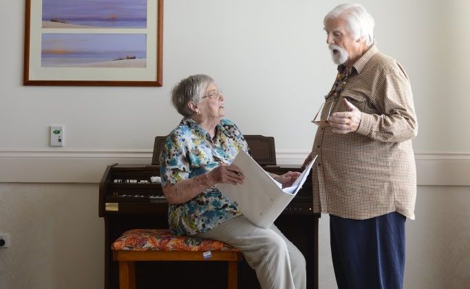 June Palmer and David Taylor, residents at Mareeba Nursing Home. June transcribed the music for David's original play, The Summer of 64. Photo: Adam Hourigan / The Daily Examiner June Palmer and David Taylor, residents at Mareeba Nursing Home. June transcribed the music for David's original play, The Summer of 64. Photo: Adam Hourigan / The Daily Examiner
