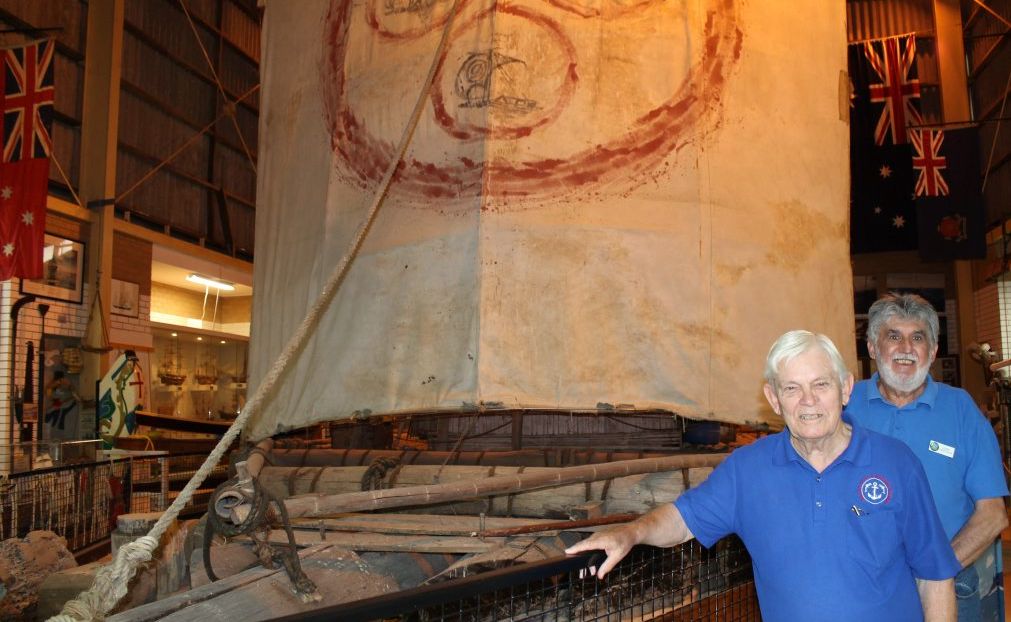 PRESERVE THE RAFT: Ballina Naval and Maritime Museum volunteers Robert Jones and John Colville with the Las Balsas raft on display in the museum. Photo Graham Broadhead / Ballina Shire Advocate PRESERVE THE RAFT: Ballina Naval and Maritime Museum volunteers Robert Jones and John Colville with the Las Balsas raft on display in the museum. Photo Graham Broadhead / Ballina Shire Advocate