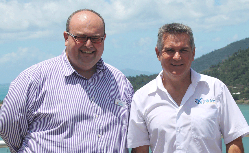 WELCOME TO PARADISE: Whitsundays Marketing and Development's new Chief Executive Officer Danial Rochford was welcomed to the region by Deputy Chairman of the Tourism Strategy Advisory group Allen Grundy on Monday.
Photo Rohan O’Neil / Whitsunday Times WELCOME TO PARADISE: Whitsundays Marketing and Development's new Chief Executive Officer Danial Rochford was welcomed to the region by Deputy Chairman of the Tourism Strategy Advisory group Allen Grundy on Monday.
Photo Rohan O’Neil / Whitsunday Times