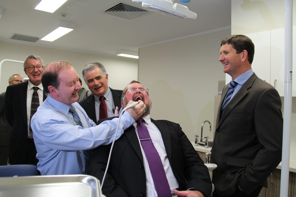 PEARLY WHITES: Health Minister Lawrence Springborg looked on as Professor Ward Massey and SDRC mayor Peter Blundell tested out the new dentist chair at the Warwick Hospital. Cr Blundell said the continuation of fluoride in Stanthorpe's water was still to be discussed. Photo: Erin Smith / Warwick Daily News PEARLY WHITES: Health Minister Lawrence Springborg looked on as Professor Ward Massey and SDRC mayor Peter Blundell tested out the new dentist chair at the Warwick Hospital. Cr Blundell said the continuation of fluoride in Stanthorpe's water was still to be discussed. Photo: Erin Smith / Warwick Daily News