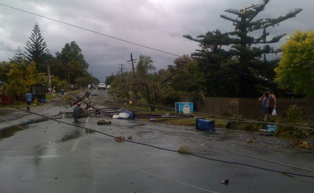 Tornado damage on Waimarie Road in Whenuapai. Tornado damage on Waimarie Road in Whenuapai.