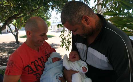 LUCKY DUO: Mark Nancarrow with son Laken Cooper and Micky Hamilton with daughter Matilda Grace. The babies were born on the 12th of the 12th, 2012. LUCKY DUO: Mark Nancarrow with son Laken Cooper and Micky Hamilton with daughter Matilda Grace. The babies were born on the 12th of the 12th, 2012.