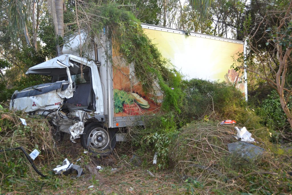 TRUCK CRASH: A small truck that was delivering furniture ran off the road into thick scrub just south of Woodburn this morning. Photo Samantha Elley / The Northern Star TRUCK CRASH: A small truck that was delivering furniture ran off the road into thick scrub just south of Woodburn this morning. Photo Samantha Elley / The Northern Star