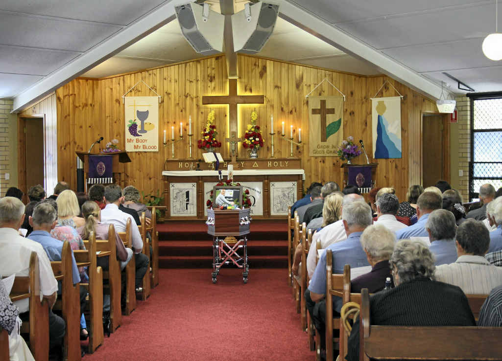 VALE NEIL: Hundreds of mourners (above and below) packed the Trinity Lutheran Church in Lowood for Neil Zabel’s funeral last week. VALE NEIL: Hundreds of mourners (above and below) packed the Trinity Lutheran Church in Lowood for Neil Zabel’s funeral last week.