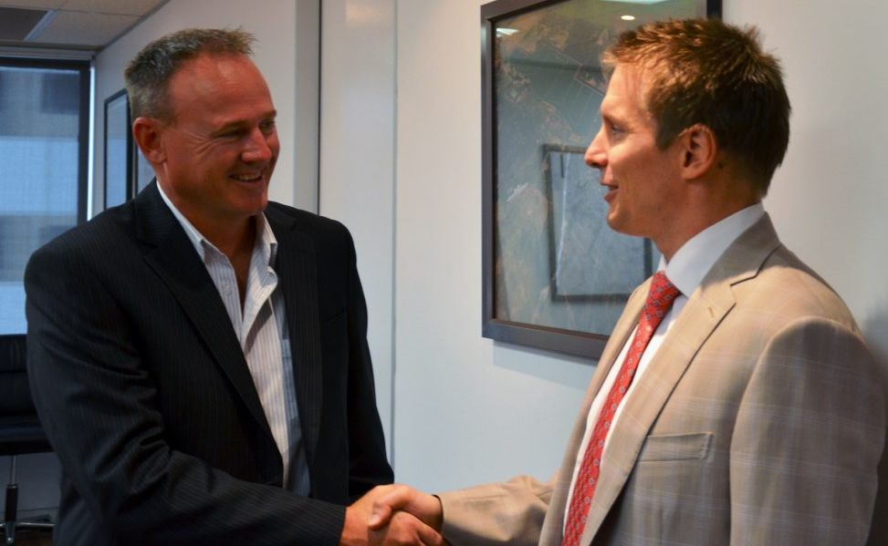 DONE:Executive officer for Regional Development Australia Wide Bay Burnett Paul Massingham and Hancock Coal managing director Paul Mulder seal the deal to establish FIFO services in the Wide Bay Burnett region with a handshake earlier this week. DONE:Executive officer for Regional Development Australia Wide Bay Burnett Paul Massingham and Hancock Coal managing director Paul Mulder seal the deal to establish FIFO services in the Wide Bay Burnett region with a handshake earlier this week.