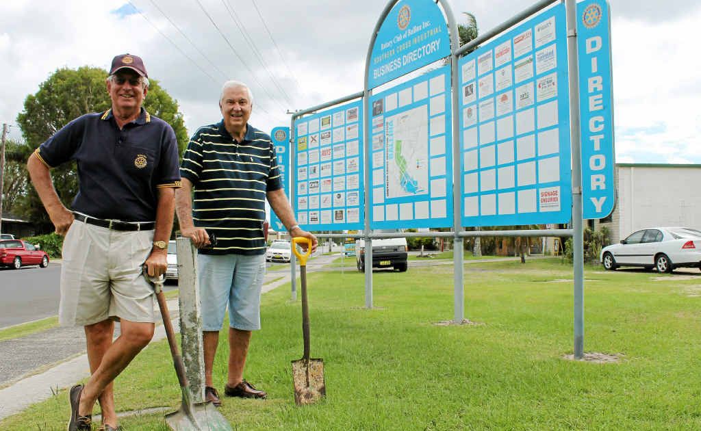 NEW SPOT: Ballina Rotarians Bruce Bevan and John Anderssen at the Southern Cross Industrial Estate business directory in its new location on North Creek Rd, Ballina. NEW SPOT: Ballina Rotarians Bruce Bevan and John Anderssen at the Southern Cross Industrial Estate business directory in its new location on North Creek Rd, Ballina.
