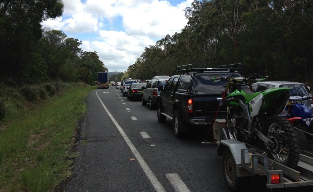 HIGHWAY BLOCKED: Traffic banks up on the Pacific Highway after a fatal headon collision north of the Iluka turnoff this morning. Photo: JoJo Newby. HIGHWAY BLOCKED: Traffic banks up on the Pacific Highway after a fatal headon collision north of the Iluka turnoff this morning. Photo: JoJo Newby.