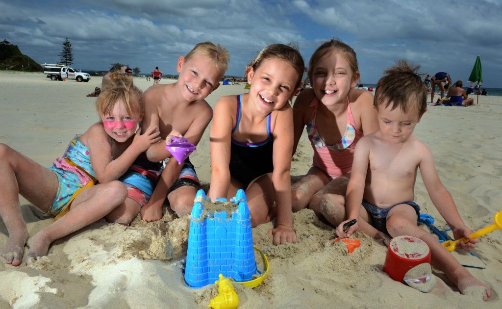 Eve, Jack, Emma, Heidi and William Wood at Coolangatta beach. Photo: John Gass / Daily News Eve, Jack, Emma, Heidi and William Wood at Coolangatta beach. Photo: John Gass / Daily News