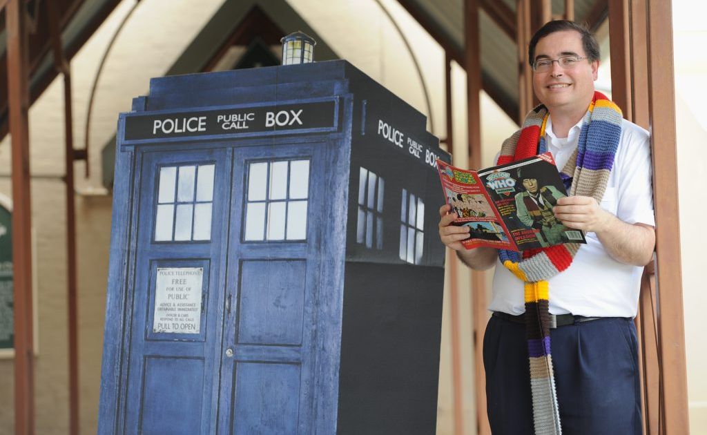 Father Paul Kelly with some of his Dr. Who collection. Father Paul Kelly with some of his Dr. Who collection.