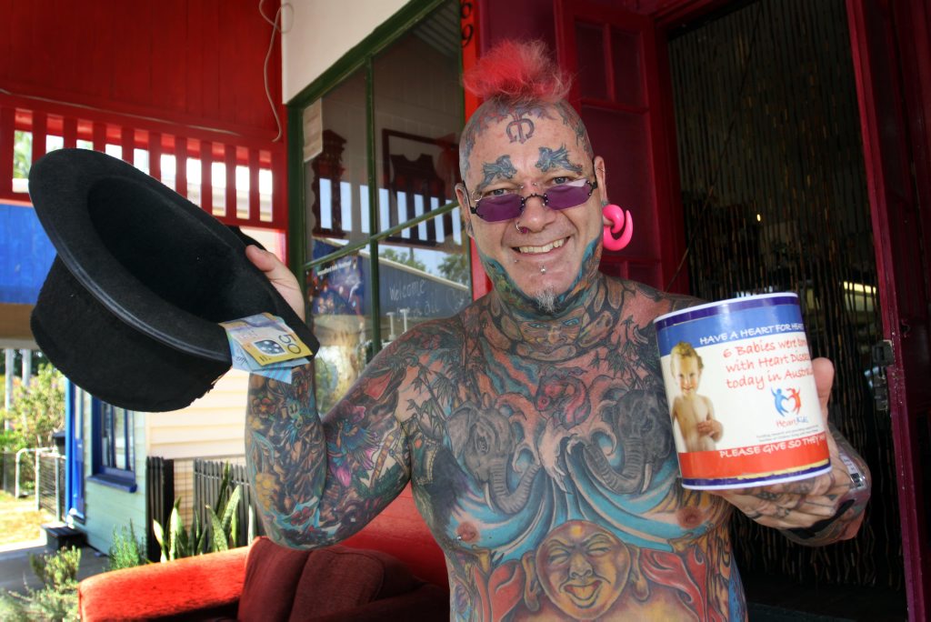 Top Hat Tony puts his hat out for donations to help Heart Kids. Photo Vicki Wood / Caboolture News Top Hat Tony puts his hat out for donations to help Heart Kids. Photo Vicki Wood / Caboolture News