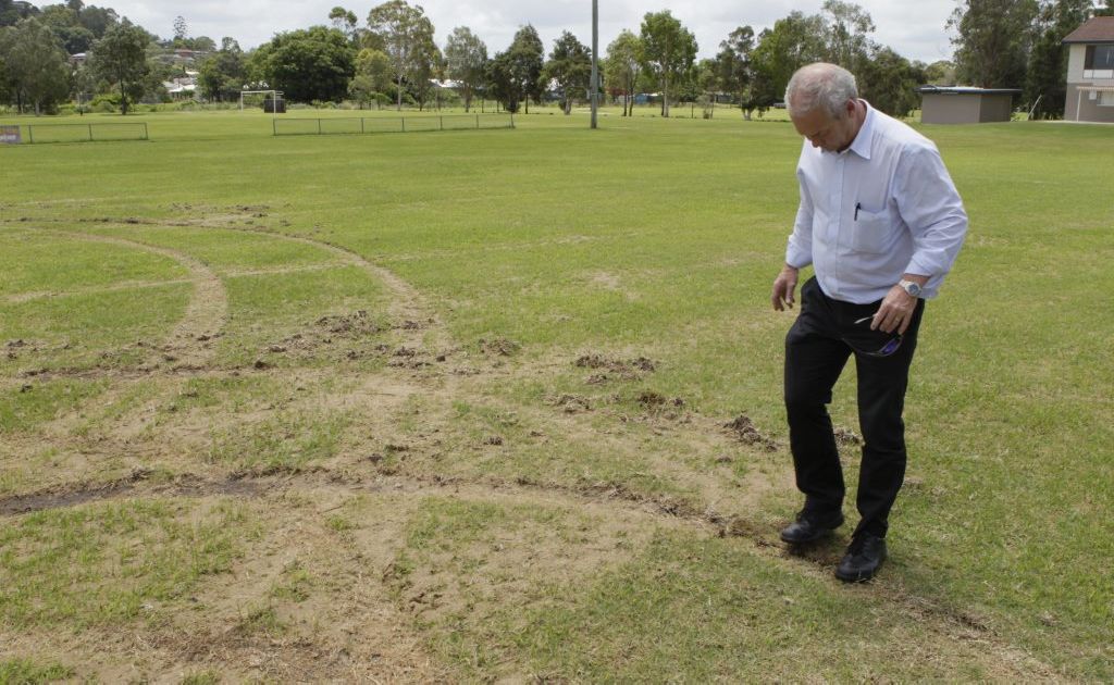 Lismore Thistles Soccer Club president Paul Albertini inspects the damage done by vandals last year after they had just invested thousands of dollars in repairing their fields. The fields were damaged again by hoons last night. Photo Jay Cronan / The Northern Star Lismore Thistles Soccer Club president Paul Albertini inspects the damage done by vandals last year after they had just invested thousands of dollars in repairing their fields. The fields were damaged again by hoons last night. Photo Jay Cronan / The Northern Star