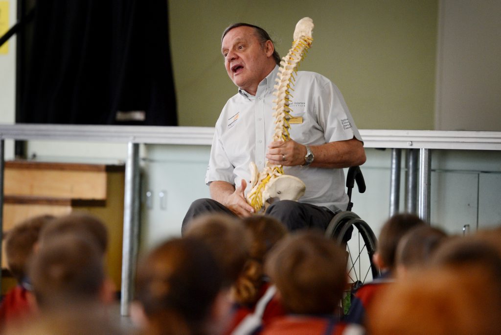 Wayne Leo presents injury prevention message to 180 of the St Stephens Lutheran College students in Gladstone. Photo Brenda Strong / The Observer Wayne Leo presents injury prevention message to 180 of the St Stephens Lutheran College students in Gladstone. Photo Brenda Strong / The Observer