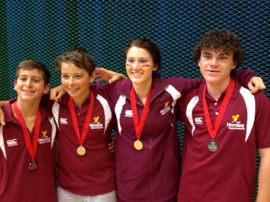 Bundaberg's Ben Edwards and Maryborough trio Keelan Goodall, Jess Switzer and Jack Tucker produly show off their silver medals they won at the Australian under-15 indoor hockey championships in Tasmania. Bundaberg's Ben Edwards and Maryborough trio Keelan Goodall, Jess Switzer and Jack Tucker produly show off their silver medals they won at the Australian under-15 indoor hockey championships in Tasmania.