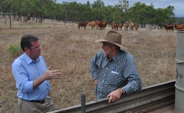Minister For Agriculture John McVeigh talks to Colin Dunne of Raby Creek, Duaringa, in January about bovine johnes disease. Minister For Agriculture John McVeigh talks to Colin Dunne of Raby Creek, Duaringa, in January about bovine johnes disease.