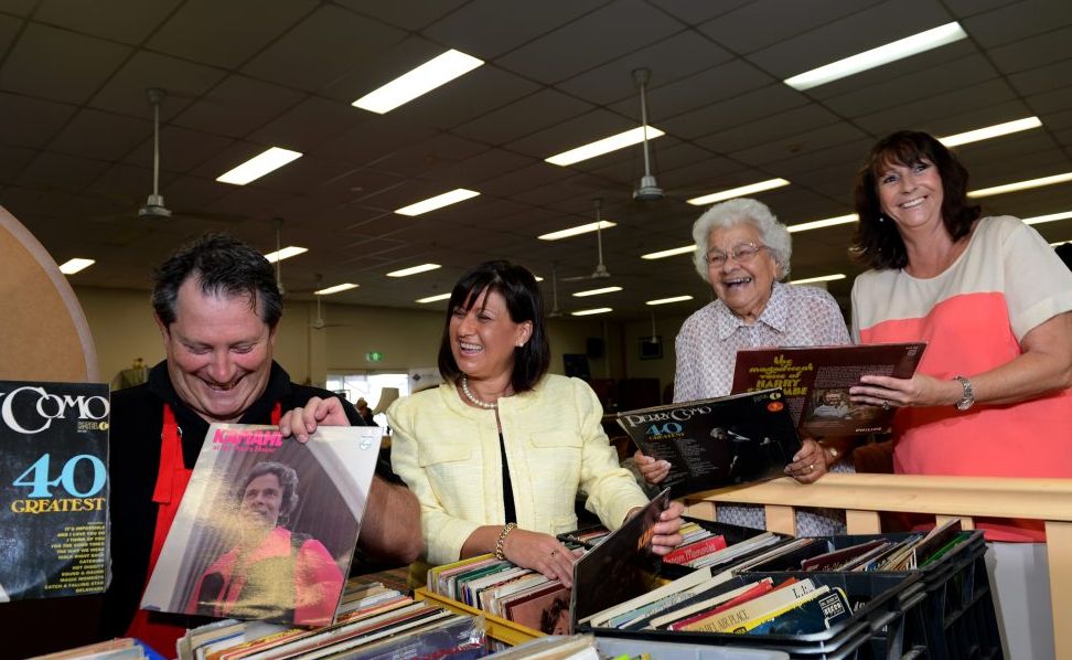 Cliff Hawkey, Justine Elliot, Aunty Cath Lena and Leonie Crayden look through some old vinyl records for a hidden gem at Repsychlers. Cliff Hawkey, Justine Elliot, Aunty Cath Lena and Leonie Crayden look through some old vinyl records for a hidden gem at Repsychlers.