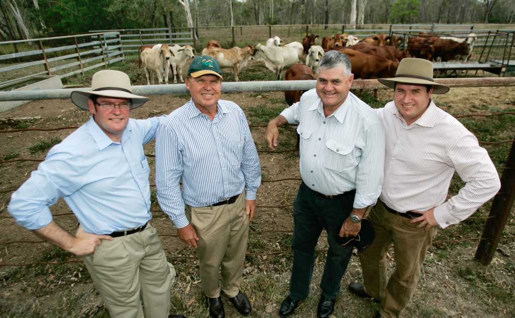 Minister for Agriculture John McVeigh, Charlie Wilson (FBA), Ian Burnett (Agforce), and Minister for Environment Andrew Powell at Belmont Station to announce the Grazing industry's BMP. Photo: Chris Ison / The Morning Bulletin Minister for Agriculture John McVeigh, Charlie Wilson (FBA), Ian Burnett (Agforce), and Minister for Environment Andrew Powell at Belmont Station to announce the Grazing industry's BMP. Photo: Chris Ison / The Morning Bulletin