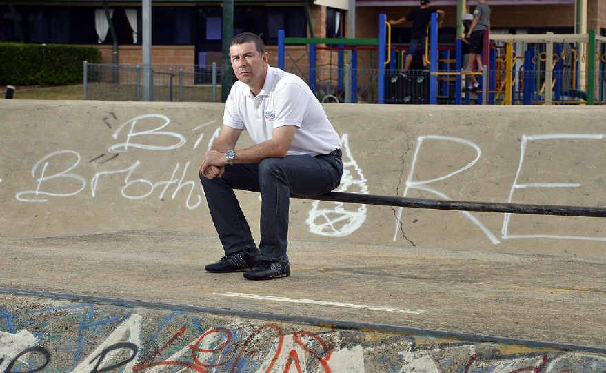 OUTRAGED: Councillor Andrew Antoniolli sits in the skate bowl in Limestone Park. OUTRAGED: Councillor Andrew Antoniolli sits in the skate bowl in Limestone Park.