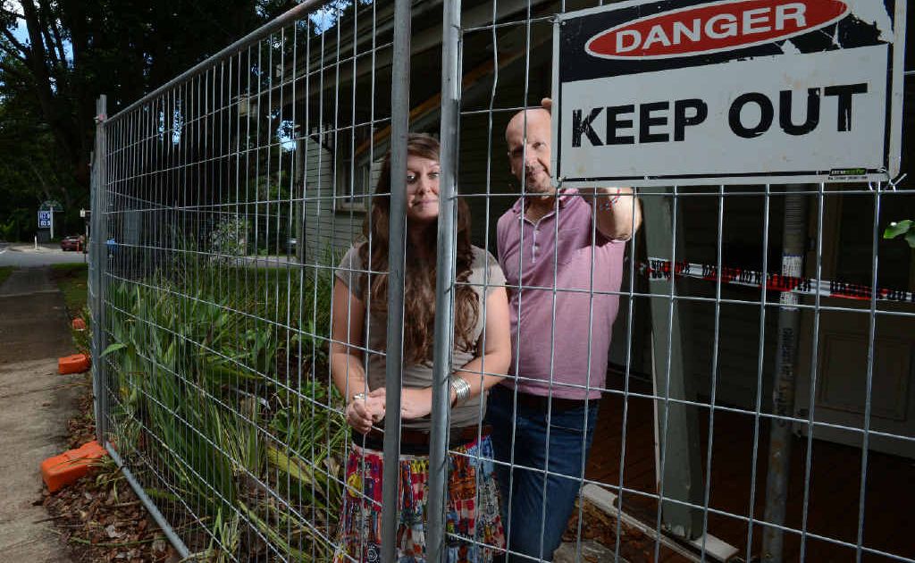 DOWN TO THE WIRE: Zoe Robinson-Kennedy and Peter Wood from Arts Northern Rivers outside the building they work in, damaged when a car ploughed into it earlier this month. DOWN TO THE WIRE: Zoe Robinson-Kennedy and Peter Wood from Arts Northern Rivers outside the building they work in, damaged when a car ploughed into it earlier this month.