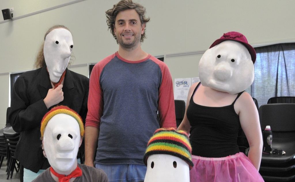 ARTICLES & IMAGES: SUNfest 2013 participants (back) Casey Keogh, Betsy Milne, (front) Lochlan Niven and Mitchell Giles-Duffy gain new skills in Commedia del Arte with IZIT? Entertainment's Ben Cornfoot (centre), at St Stephens Lutheran College. ARTICLES & IMAGES: SUNfest 2013 participants (back) Casey Keogh, Betsy Milne, (front) Lochlan Niven and Mitchell Giles-Duffy gain new skills in Commedia del Arte with IZIT? Entertainment's Ben Cornfoot (centre), at St Stephens Lutheran College.