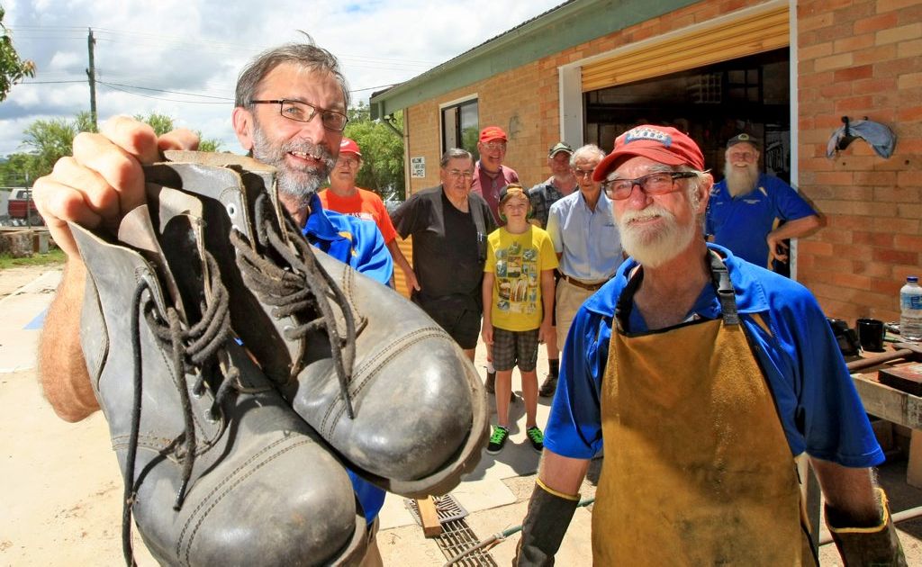 Big Shoes to Fill! John Pitt is handing over the shoes to Michael Newell at Murwillumbah Men's Shed. Big Shoes to Fill! John Pitt is handing over the shoes to Michael Newell at Murwillumbah Men's Shed.