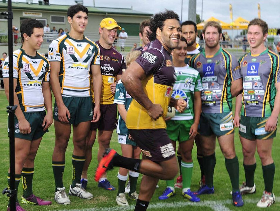 WRONG PATH: Sam Thaiday crashes a photo session demonstrating the links between Ipswich junior and senior league, the Ipswich Jets and Brisbane Broncos at North Ipswich Reserve on Thursday. WRONG PATH: Sam Thaiday crashes a photo session demonstrating the links between Ipswich junior and senior league, the Ipswich Jets and Brisbane Broncos at North Ipswich Reserve on Thursday.