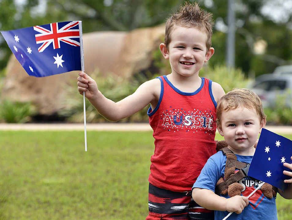TRUE-BLUE: Cousins Lincon Kent, 4, from Hatton Vale, and Jett Hefford, 1, from Jimboomba, at the Laidley Cultural Centre on Australia Day. TRUE-BLUE: Cousins Lincon Kent, 4, from Hatton Vale, and Jett Hefford, 1, from Jimboomba, at the Laidley Cultural Centre on Australia Day.