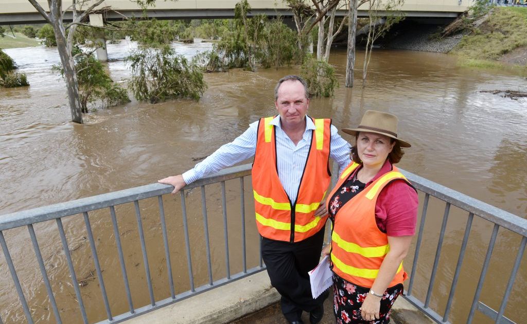 Senator Barnaby Joyce and LNP candidate for Blair Teresa Harding look at the swollen Bremer River at One Mile. Senator Barnaby Joyce and LNP candidate for Blair Teresa Harding look at the swollen Bremer River at One Mile.