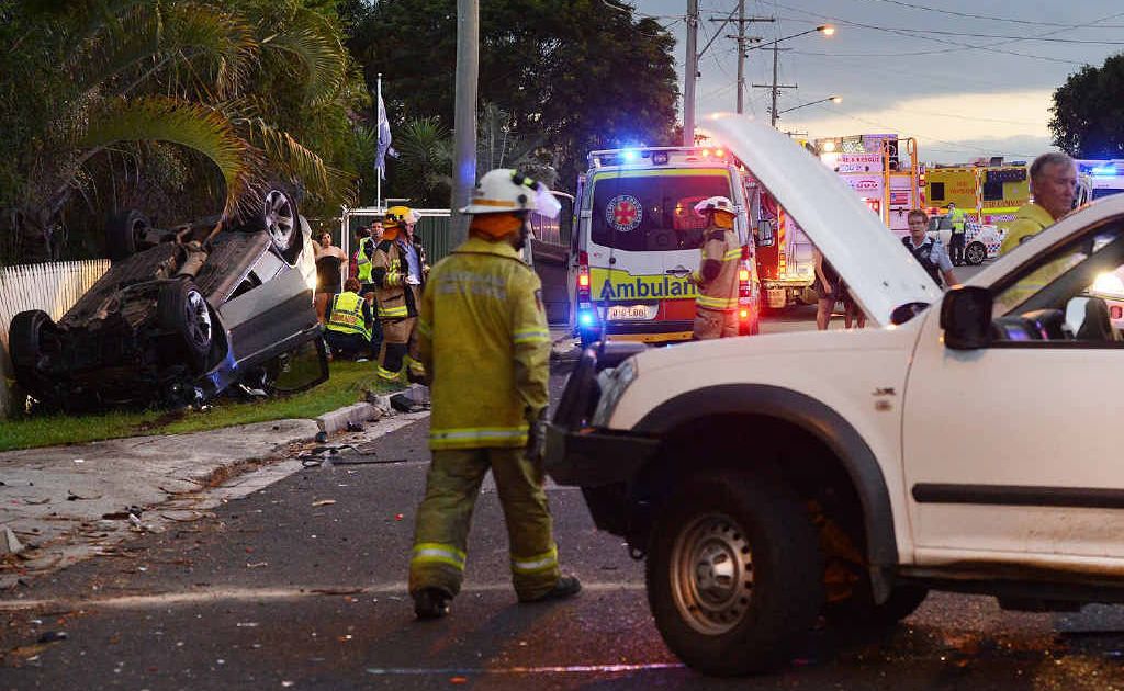 STREET SMASH: Scene of the crash involving a stolen BMW and a ute in Silkstone. STREET SMASH: Scene of the crash involving a stolen BMW and a ute in Silkstone.