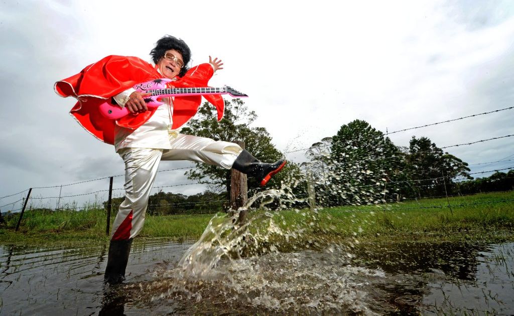 Kevin Martin as Elvis rocks in the flood. Kevin Martin as Elvis rocks in the flood.