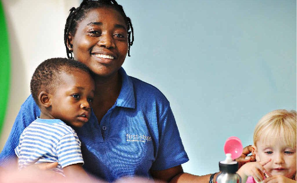 STEP FORWARD: First Steps employee Aline Pendeza, of Lismore, is loving her job working with children after completing her Certificate III. She is pictured with Jahia Balume, 1, and Ruby Bates, 2. STEP FORWARD: First Steps employee Aline Pendeza, of Lismore, is loving her job working with children after completing her Certificate III. She is pictured with Jahia Balume, 1, and Ruby Bates, 2.