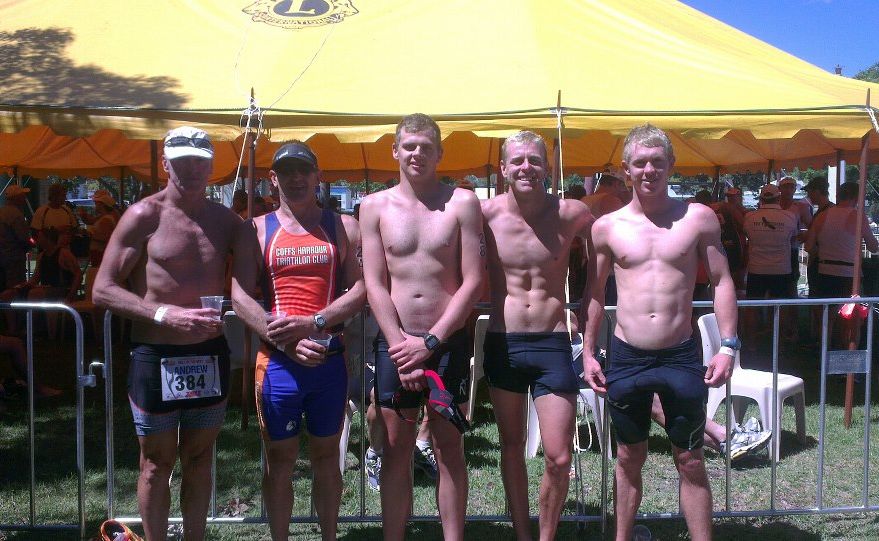 Coffs Harbour triathletes Andrew Rowlings, Mark Garner, Aaron Newman, Clint Rowlings and Richard Pearson at the Hell of the West in Goondiwindi. Coffs Harbour triathletes Andrew Rowlings, Mark Garner, Aaron Newman, Clint Rowlings and Richard Pearson at the Hell of the West in Goondiwindi.