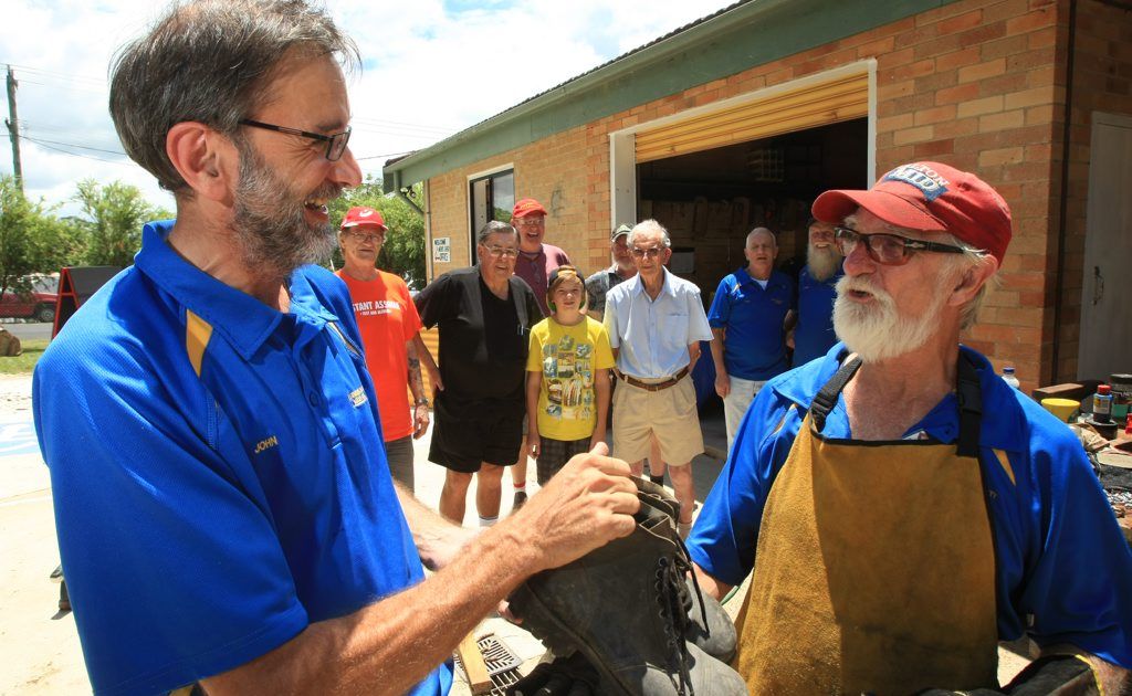 Big Shoes to Fill! John Pitt is handing over the shoes to Michael Newell at Murwillumbah Men's Shed. Big Shoes to Fill! John Pitt is handing over the shoes to Michael Newell at Murwillumbah Men's Shed.