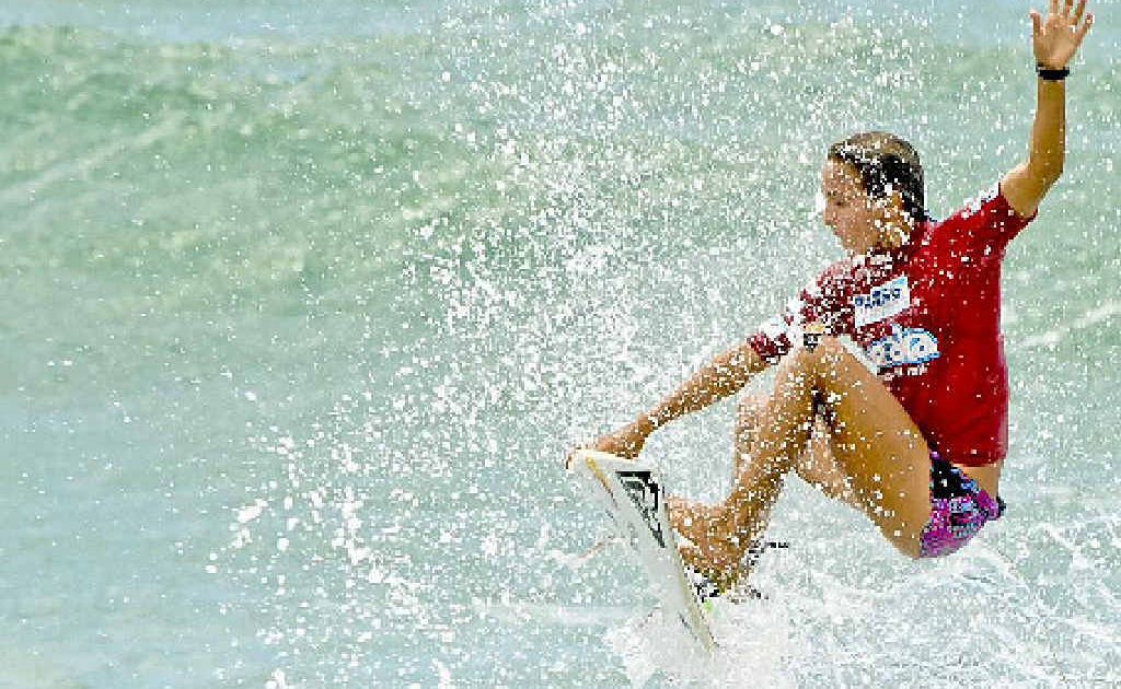 FLYING HIGH: World number two Sally Fitzgibbons busting a big air at the Burleigh Breaka Pro 6star WQS women’s event. FLYING HIGH: World number two Sally Fitzgibbons busting a big air at the Burleigh Breaka Pro 6star WQS women’s event.